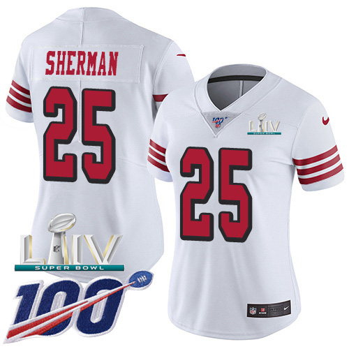 San Francisco 49ers Nike #25 Richard Sherman White Super Bowl LIV 2020 Rush Women Stitched NFL Limited 100th Season Jersey->youth nfl jersey->Youth Jersey